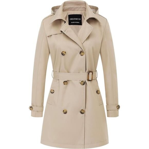 Women's Trench Coat Double-Breasted Classic Lapel Overcoat Belted Slim Outerwear